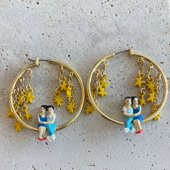 Les NEREIDES Gold and Yellow Hoop Earrings with Couple Charm - Picture 1 of 5